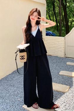 Black Two-Piece Camisole and Wide-Leg Pants Set for Women - Trendy Summer 2025 Casual Outfit, Sweet and Cool Style