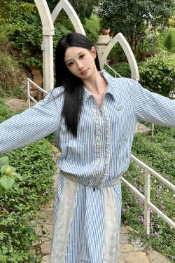 Blue and White Striped Lace Splicing Jacket with Lace Spliced Skirt Set - Y2K Inspired Fashion Ensemble