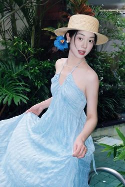 Blue Backless Halter Strap Beach Dress for Vacation Photography - Island Atmosphere Travel Outfit