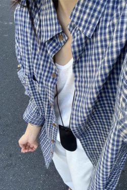 Blue Checkered Long Sleeve Shirt for Women - French Style Loose Summer Top, Sun-Protective, Trendy Casual Fashion for 2025