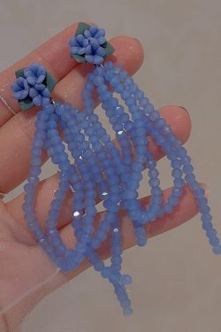 Blue Crystal Bead Stud Earrings with Tassel Flower Design - Versatile Light Luxury Vacation Style Ear Accessories for Women