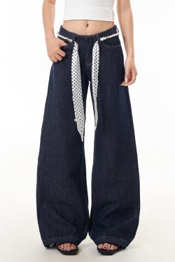 Blue Curved Blade Jeans for Women - Trendy Washed Loose Straight Wide-Leg Pants in 90s American Style