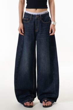 Blue Denim Loose Straight Leg Jeans for Women - High Street American Style Slimming Curved Blade Pants