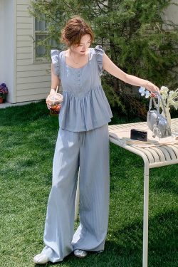 Blue Doll Shirt with Flying Sleeves and Wide-Leg Pants Set for Women - 2025 Summer Korean Style, Age-Reducing, Petite Fit Two-Piece Outfit