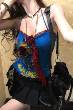Blue Dye French Lace Halter Floral Camisole Women's Summer Waist-Cinching Slim Short Top - Y2K Style