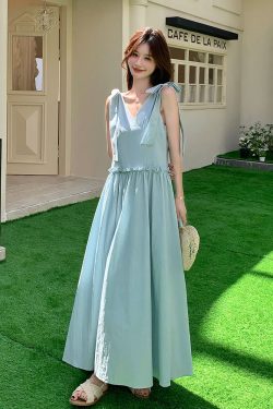 Blue Flowing Ribbon V-Neck Sleeveless Dress for Women - 2025 Summer French Style Goddess Waist-Cinching Long Dress