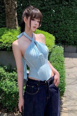 Blue Halter Fishbone Design Sexy Crop Top - Vacation Waist-Cinching Sleeveless Vest for Women, Y2K Inspired Fashion