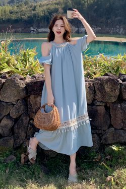 Blue Off-Shoulder Halter Dress for Women - 2025 Summer Loose Fit Vacation Style with Flattering Long Skirt