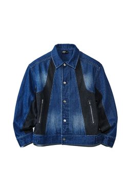 Blue Patchwork Washed Denim Jacket for Women - Trendy Y2K Style with Roaring Beast Design