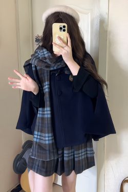 Blue Plaid Woolen Cloak Set with Scarf and Collar - Autumn Winter JK Uniform Style Fashion Cape for a Cozy Look