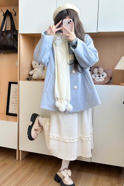 Blue Pudding Bear JK Uniform Woolen Winter Coat - Cute Double-Breasted Doll Collar, Loose Fit, Kawaii Style