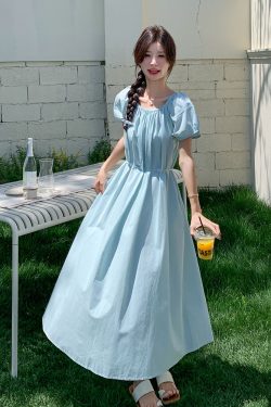 Blue Puff Sleeve Dress for Women - 2025 Summer A-Line Style with Tie Waist, Slimming Design, Pure and Gentle Look