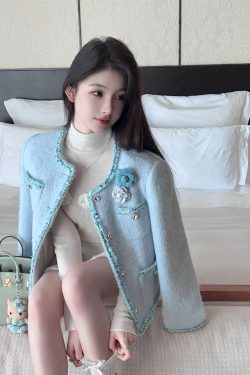 Blue Sequined Woolen Coat for Women - Thick Winter Down Inner Lining Short Overcoat, Perfect for Y2K and 90s Fashion Styles