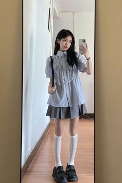 Blue Short-Sleeved Casual Shirt for Women - Trendy Loose Fit Summer Style, College Chic, High-End Fashion Must-Have