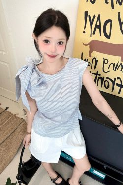 Blue Striped Bow Tie Strap Shirt for Women - Sleeveless Summer Pleated Waist Slim Top - Trendy 90s Inspired Fashion