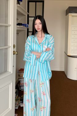 Blue Striped Floral Loose Wide-Leg Tencel Ramie Pants Set - Summer Casual Outfit for Y2K and Korean Style Fashion