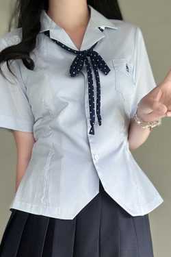 Blue Striped Open-Front Embroidered Shirt - Pudding Bear JK Uniform College Style Waist-Cinching Summer Top