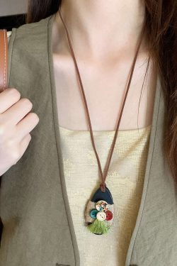 Bohemian Ethnic Style Long Layered Necklace with Wooden Pendant for Women - Vintage Chinese Inspired Accessory Trend