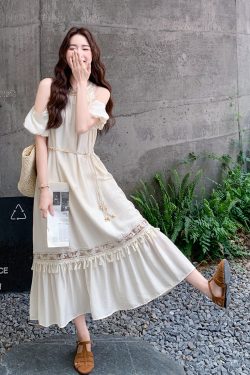Bohemian Off-Shoulder Halter Dress for Women - 2025 Summer Long Tassel Dress for Vacation, High-End Quality Fashion