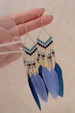Bohemian Retro Feather Tassel Earrings for Women | Yunnan Ethnic Style Blue Long Clip-On Accessories for Travel Photography