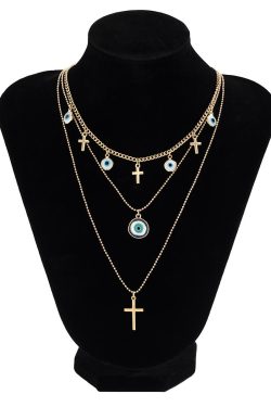 Bohemian Vintage Blue Evil Eye Pendant Necklace - French Minimalist Cross Jewelry for European and American Style