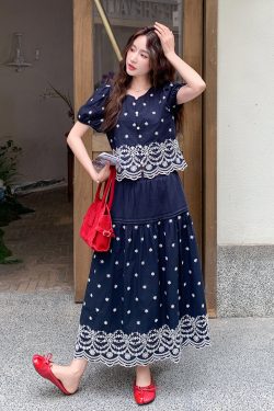 Bohemian Vintage Embroidered Two-Piece Set for Women - Summer 2025 Puff Sleeve Top and Skirt Vacation Style