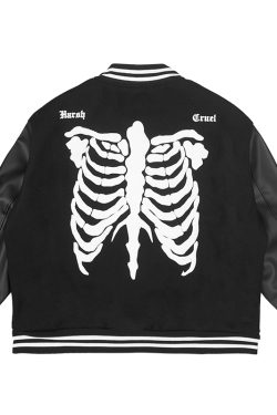 Bone Embroidery Heavyweight Woolen PU Leather Baseball Jacket - Versatile Loose Fit, Eco-Friendly Fashion