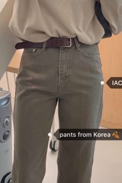 Bright Line Retro Washed Khaki Green Straight-Leg Jeans in Cocoa Color - Y2K Korean Style Fashion Essential