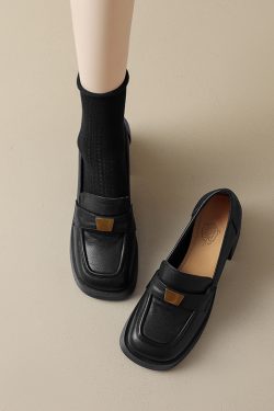 British Style Chunky High Heel Loafers for Women - Thick-Soled Square Toe Leather Shoes with Metal Buckle and Deep Mouth Design