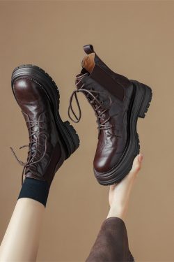British Style Lace-Up Brown Martin Boots for Women - Mid-Heel Genuine Leather Motorcycle Short Boots