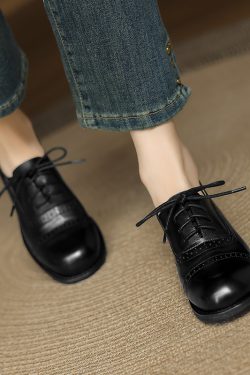 British Style Round Toe Leather Chunky Heel Lace-Up Loafers for Women - Soft Genuine Leather College JK Style Footwear