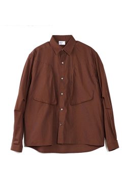 Brown 3D Pocket Long Sleeve Shirt - Stylish Casual Wear for Fall, Perfect for 90s and Y2K Inspired Looks