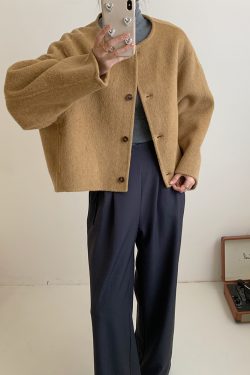 Brown Collarless Short Double-Sided Wool Coat for Autumn and Winter - Small Size Korean Style Simple Wool Jacket