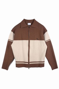 Brown College Style Patchwork Double-Sided Zipper Sweater for Men, Casual Layering, Y2K Trend, Cozy Fall Fashion