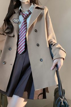 Brown Trench Coat for Women - 2024 Autumn JK Uniform Mid-Length Short Coat for Petite Sizes, Cute Pudding Bear Design