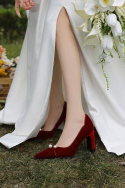 Burgundy Velvet Chunky Heel Wedding Shoes for Brides - Dual-Use, Comfortable High-End Toast High Heels for Wedding Dress