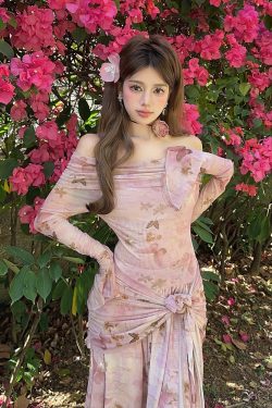 Butterfly Cherry Blossom Pink Off-the-Shoulder Irregular Slim Fit Long Dress - 90s Inspired Floral Stretch Fashion