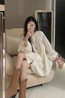 Button Artist Lantern Sleeve Shirt Dress for Women, Loose Slimming Fit, 2025 Spring Collection, Casual Chic Style