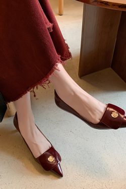 Camellia Low-Heeled Slip-On Single Shoes for Women, Genuine Leather, French Wine Red, Pointed Toe, Chic Commuting Style
