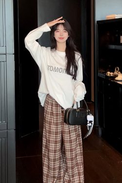 Caramel Color Plaid Wide Leg Pants for Women - High Waist Loose Straight Casual Trousers for Autumn Winter Fashion