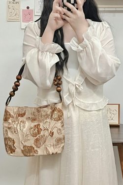 Caramel Macchiato Vintage Jacquard Fabric Shoulder Bag - Trendy Spring Summer Tote for Women, Chic Underarm Style