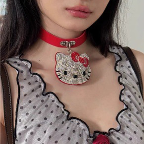 Cartoon KT Cat Full Diamond Choker Necklace Y2K Millennial Style Collar Neck Chain Subculture Baddie Accessory
