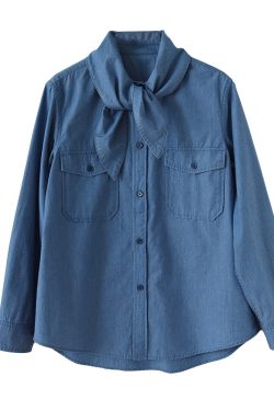 Casual Denim Long Sleeve Shirt with Double Pockets - Youthful American-Style Loose Fit Cotton Top