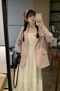 Casual Loose-Fit Mid-Length Pink Blazer for Women - Spring 2023 Slimming Silhouette Fashion Outerwear