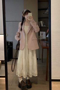 Casual Loose-Fit Mid-Length Pink Blazer for Women - Spring 2023 Slimming Silhouette Fashion Outerwear
