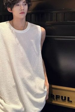 Casual Loose Snake Pattern Ribbed Sleeveless Tank Top for Men - Summer Lazy Style Solid Color Vest Inner Wear