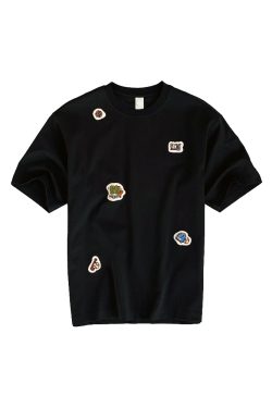 Casual Minimalist Patch Embroidery Short Sleeve T-Shirt for Men - Summer Trendy Round Neck Tee in Hong Kong Style