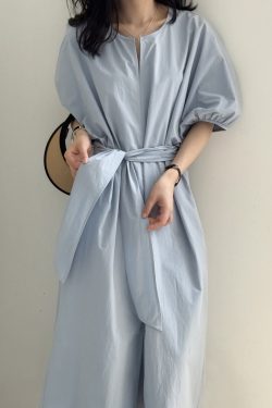 Casual Short Sleeve Dress for Women, Bubble Sleeve Tie-Up French Waist, Pure Cotton, 2025 Summer Style