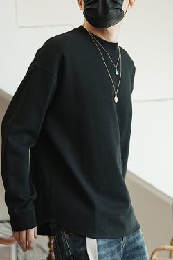 Casual Textured Waffle Long-Sleeve T-Shirt for Men - Trendy Loose Fit Top for Spring and Autumn, Perfect for Everyday Wear