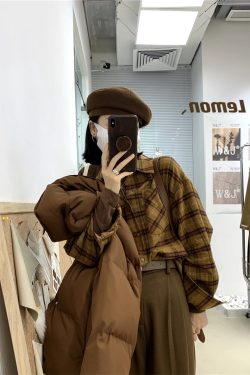 Casual Vintage Plaid Shirt for Women - 2024 Autumn Winter Korean Style Brushed Coffee Color Long Sleeve Layering Top